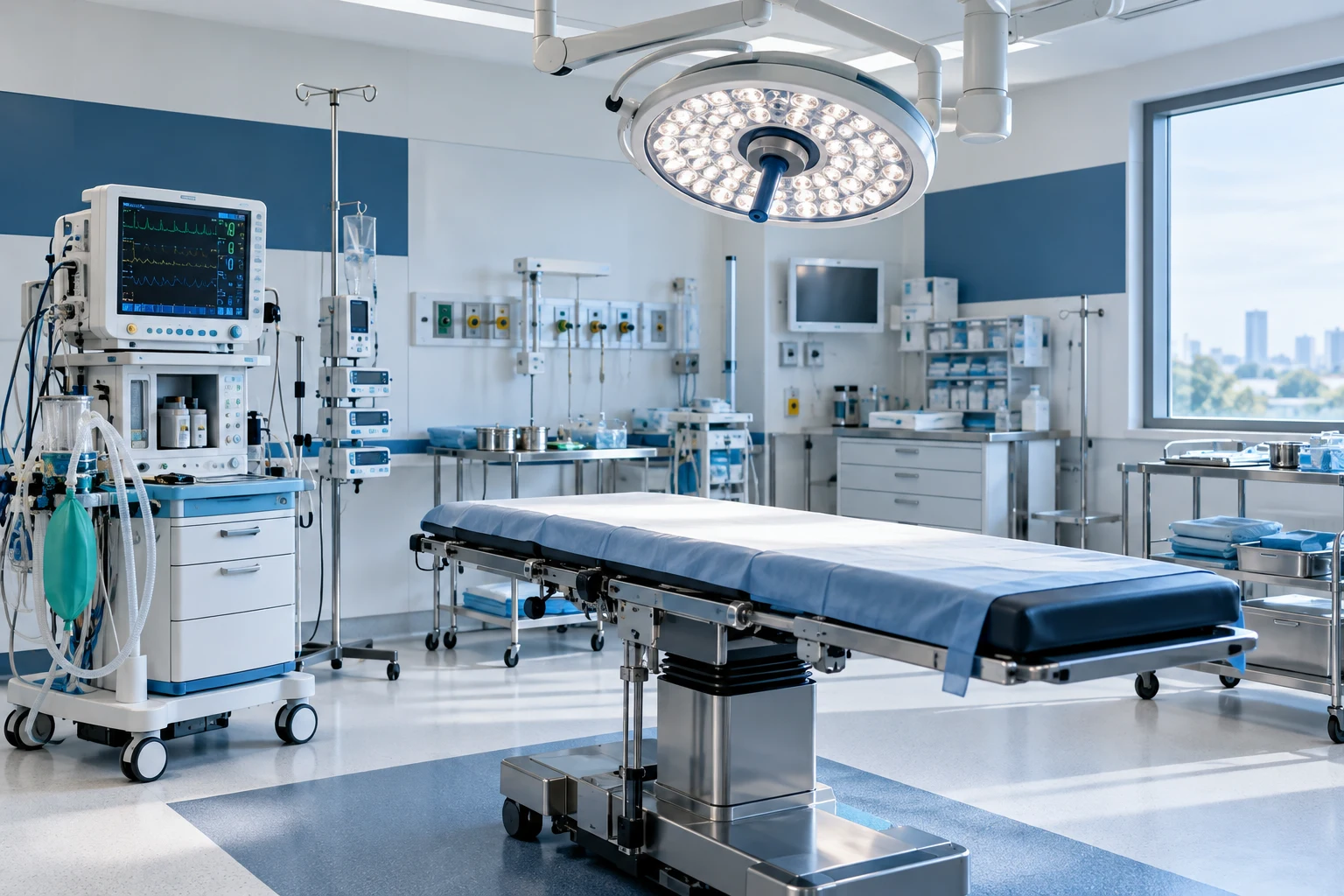 Sala hospitalar contemporânea com iluminação cirúrgica e equipamentos médicos