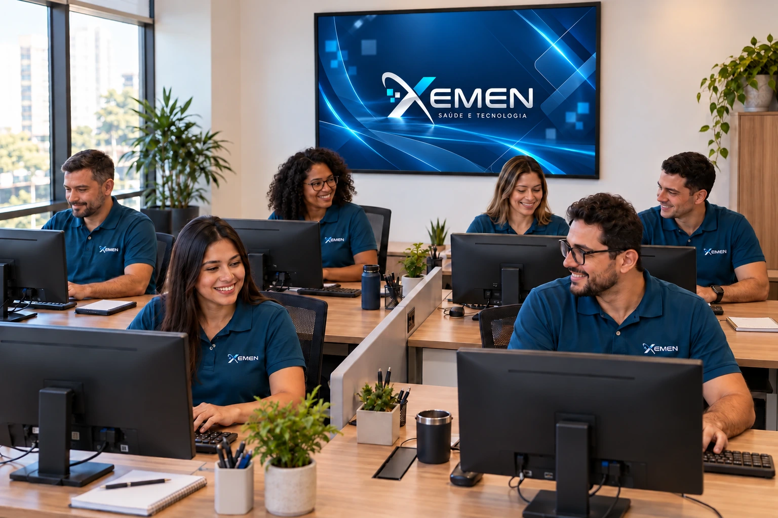 Cena ilustrativa de seis colaboradores, três mulheres e três homens, trabalhando em seus computadores com polos azul petróleo e a marca XEMEN