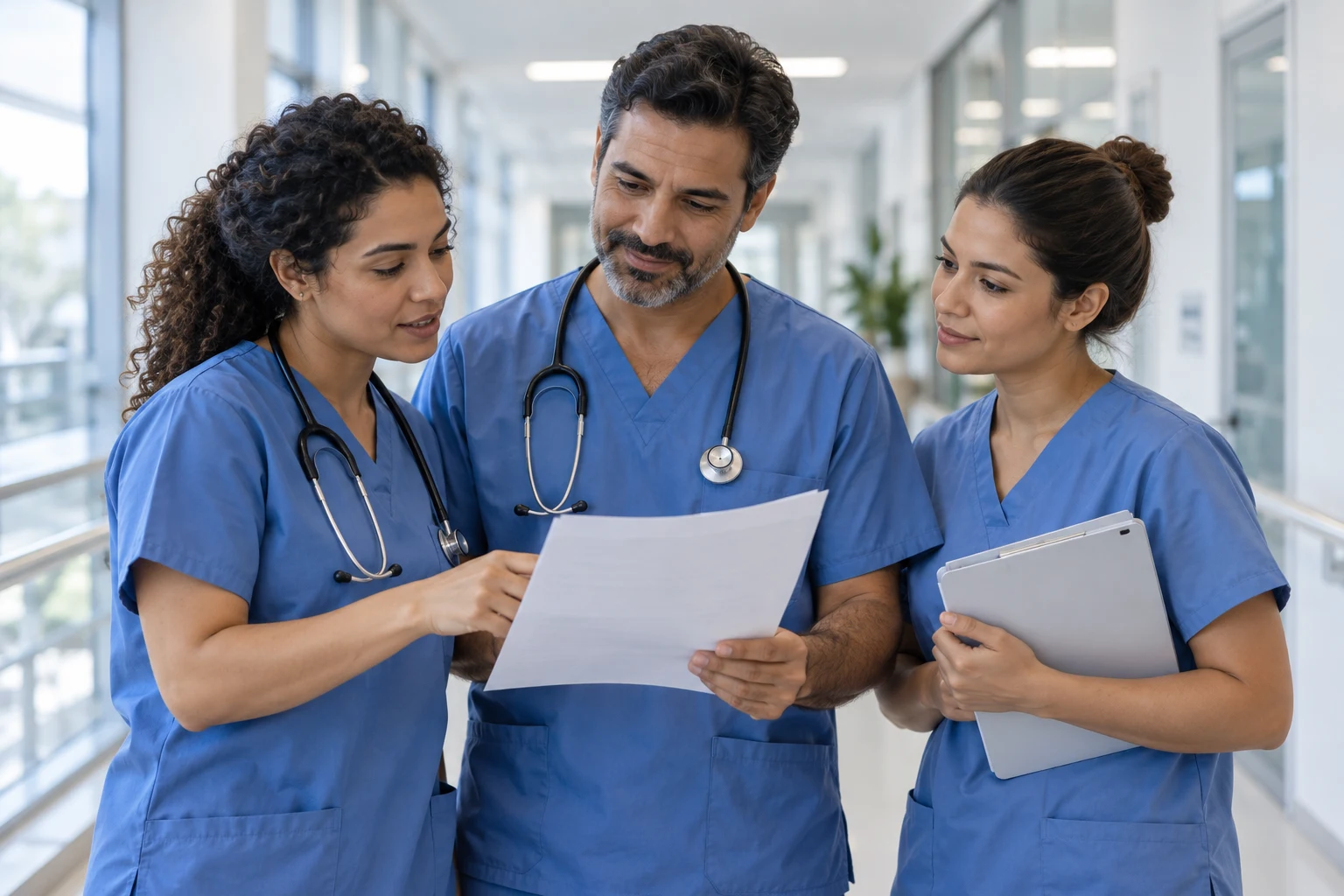 Profissionais de saúde conversando em um ambiente hospitalar