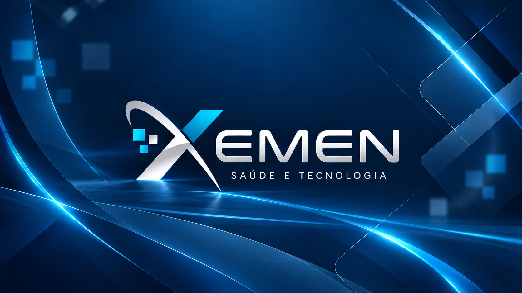 XEMEN — Saúde e Tecnologia, arte tecnológica com logo prateada e azul sobre fundo azul petróleo